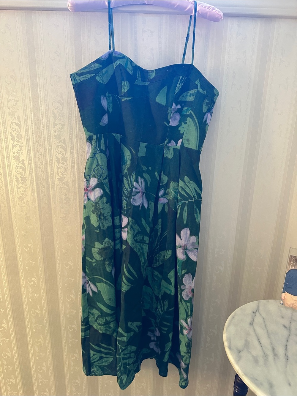 Green Floral Midi Sundress with Spaghetti Straps and Pink Blooms